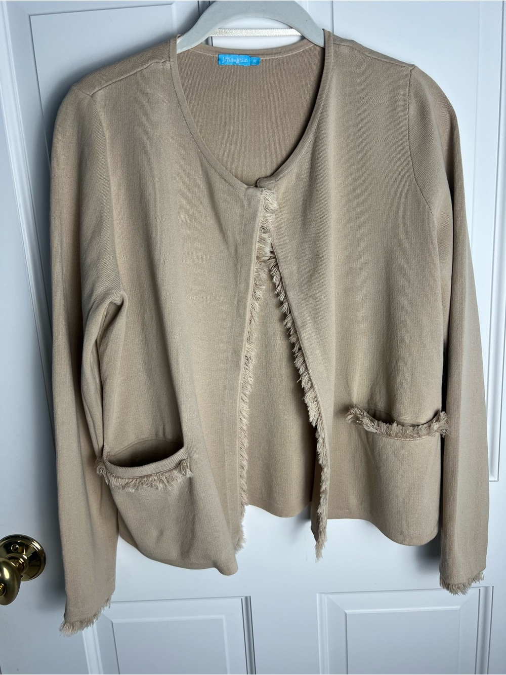 J. McLaughlin Beige Fringe-Trim Open Cardigan